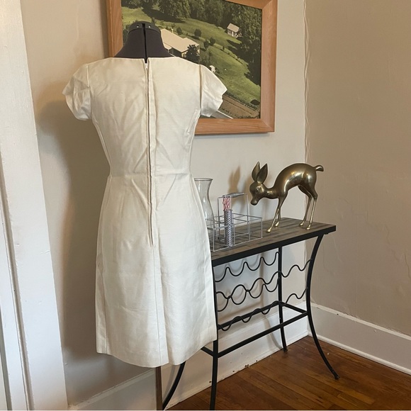 Vintage 1960s Solid Cream Wiggle Dress Office Neutral Midi Wide Neck Princess - Picture 2 of 3